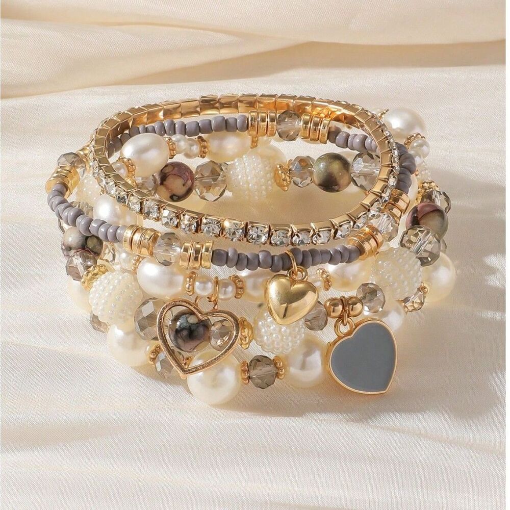 5pc Pearl Beaded Stretch Bracelet Set Layer Crystal Gemstone Heart Charm Boho